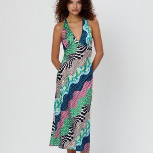 Sleeveless V-Neck Multicolor Wave-Pattern Midi Dress